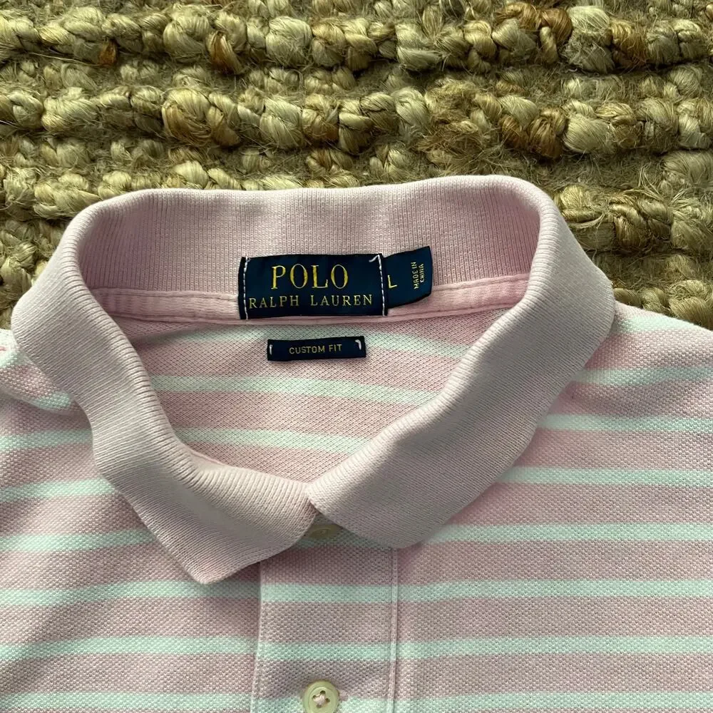 Polo Ralph Lauren Men’s L Custom Fit Pink White Stripe Cotton Polo Shirt Pony